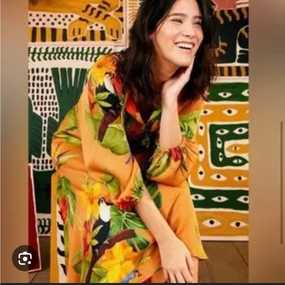 FARM Rio Orange Tropical Long Sleeve Maxi Dress with Green Floral Print